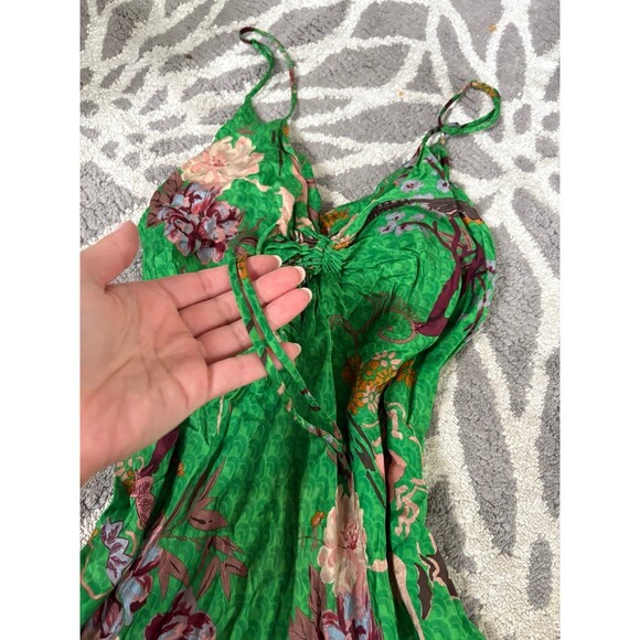 Zara Bright Green Floral Satin Slip Dress with Ruching - Picture 3 of 4